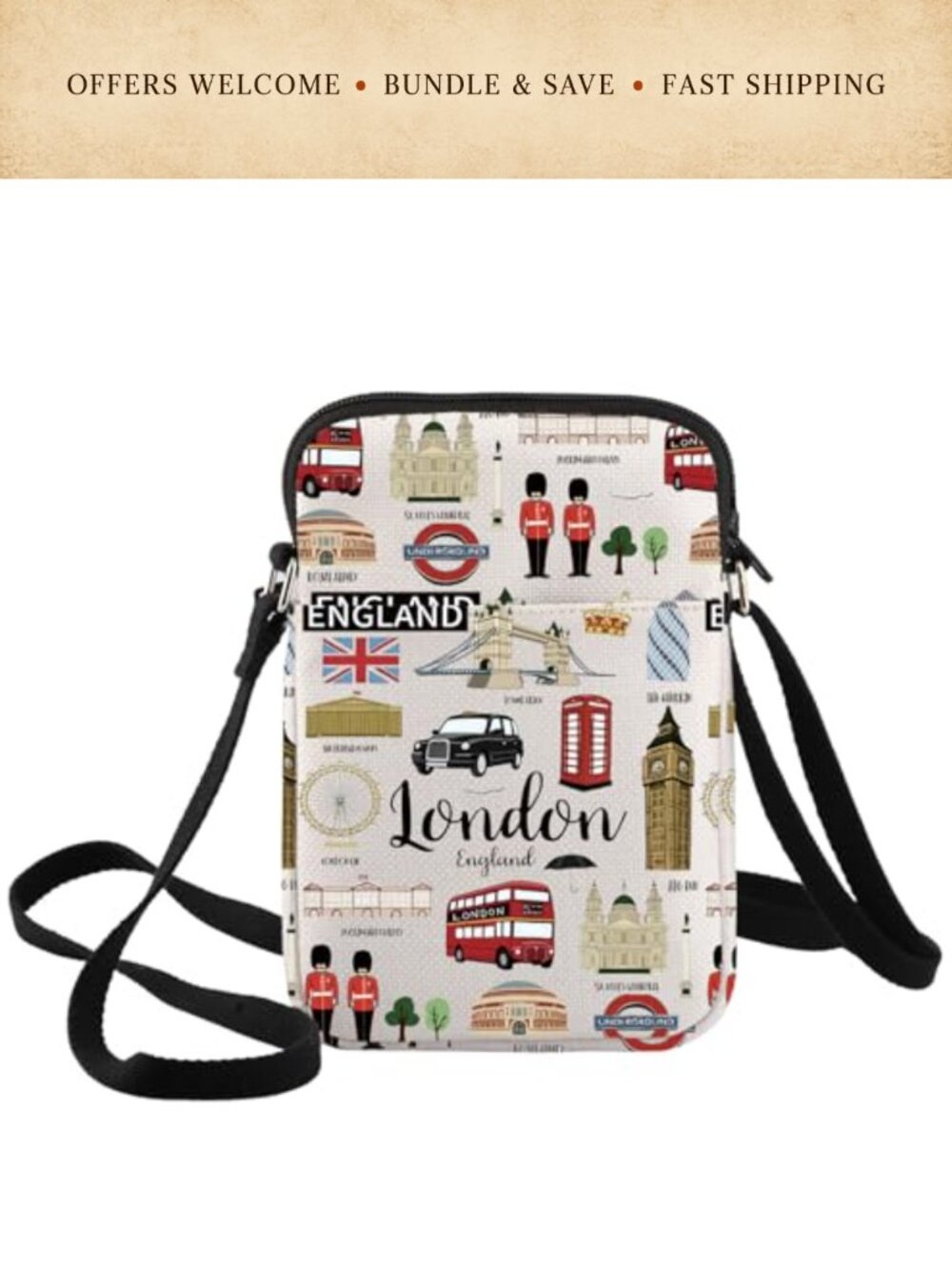 London Travel Crossbody Bag Cotton Canvas Adjustable Strap Zippered Shoulder Bag